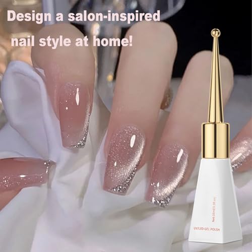 Cat Eye Gel Nail Polish, 1Pc Jelly Nude Glitter Pink Magnetic Nail Polish with Magnet Soak-Off UV LED Holographic Gel Polish Sparkly Cat Eye Gel Polish for Nail Art Manicure Salon DIY at Home - Image 8