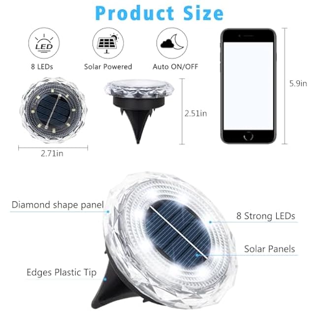 echosari Solar Ground Lights 6 Pack, Upgraded Solar Garden Lights Waterproof Long Lasting for Pathway Walkway Patio (Cool White)