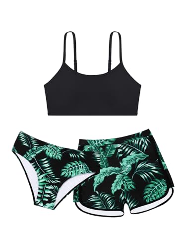 Image of Girls Swimsuit 3 Piece Bathing Suit Printed Sport Bikini Set with Shorts Summer Beach Swimwear for Teen Girls 9-16T