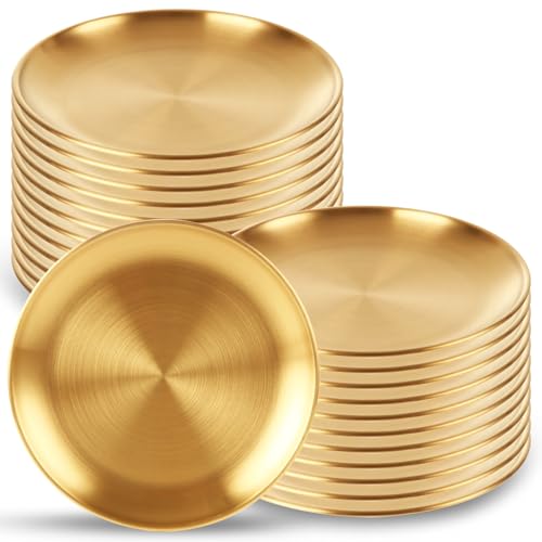 ASelected 25 pcs Gold Stainless Steel Dinner Plates 6.7in