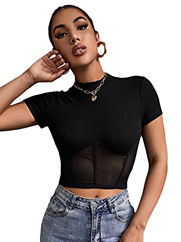 SOLY HUX Women's Contrast Mesh Short Sleeve Tee Mock Neck Crop Top Black S