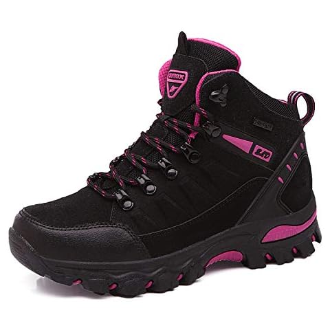 WOWEI Hiking Boots Lace-up Waterproof Non-Slip Outdoor Sports Men Women Mountain Trekking Shoes for All Season Walking Travelling Backpacking Camping Biking, Black Rose Red-1, 6.5 UK Cover