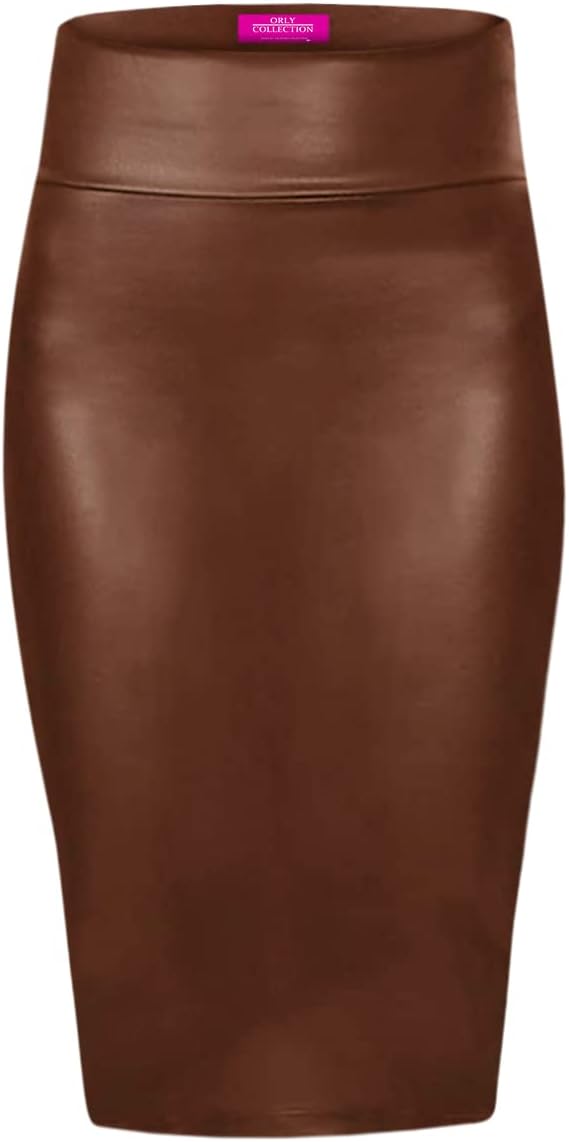 Womenโs High Waist Faux Leather Pencil Skirt for Sleek Style - Below The Knee Elegant Skirt