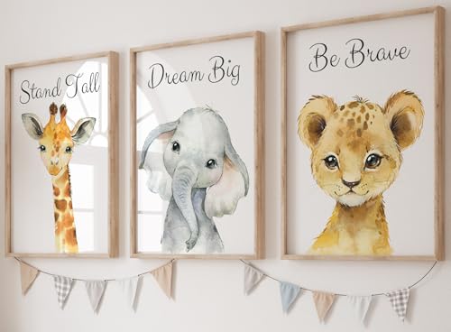 Image of Baby Safari Animals for Girl or Boy Nursery Bedroom, Set of 3 Unframed Wall Art Prints, Jungle Portrait Quote Posters, Nursery Decor Gift, Giraffe Elephant Lion, Stand Tall Dream Big Be Brave (8x10)
