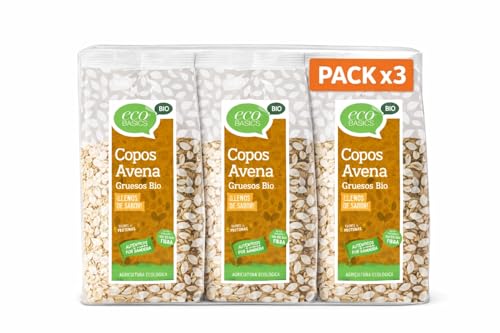Pack 3x Copos Integrales de Avena Gruesos EcoBasics Bio 500 g | 3 Bolsas de 500 g (Total 1,5 kg) | Avena Ecológica en Copos Gruesos | Ideal para Porridge y Granola