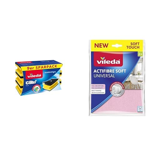 Vileda Zestaw 2produkty Glitzi Plus Gąbka 9szt + Ściereczka ACTIFIBRE Soft 2szt
