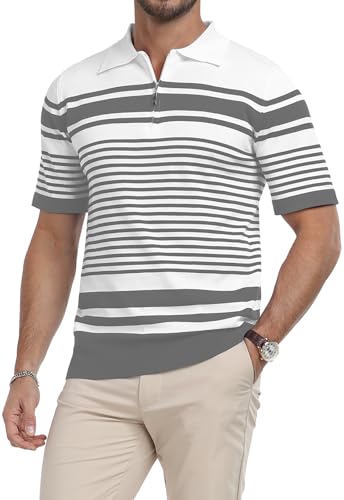 KUYIGO Polo para Hombre con Cuello de Punto, Manga Corta, Cremallera, Rayado miniatura 1