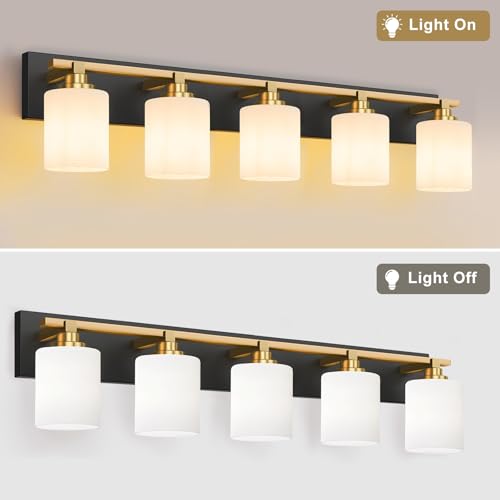 Image of Modern Bathroom Lighting Fixtures Over Mirror, Vanity Lights for Bathroom, Wall Sconces with Milky White Glass Shades, E26 Ceramic Socket, 5-Light 35.4-inch Black and Gold