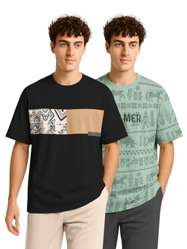Image of BULLMER Trendy Half Sleeve Oversized Cotton Blend Crew Neck Tshirt for Men - Pack of 2
