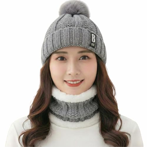 Image of Kraptick Women's Winter Beanie Cap and Scarf Set with Soft Fleece Lining, Thick Cable Knit Woolen Cap for Ladies & Neck Warmer for Extreme Cold Stylish Pom Pom Hat & Scarf Set -7