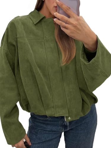Cicy Bell Womens Faux Suede Bomber Jackets Oversized Cropped Zip Up Lapel Coats Fall Casual Outerwears