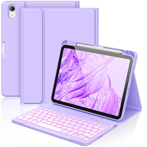 aMZCaSE Funda para iPad A16 de 10/11ª generación con teclado de 11/10.9 pulgadas (2025/2022), funda de teclado con retroiluminación de 7 colores, funda de teclado inalámbrico desmontable con soporte