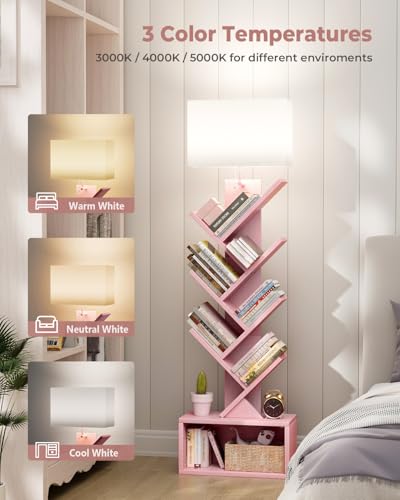 Image of Evermagin 6 Tier Tree Bookshelf with Light, Narrow Bookcase Tower, Tall Floor Standing Book Shelf Organizer with Storage Cabinet for Living Room, Bedroom and Home Office, Pink