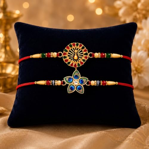 Image of DeoDap Rakhi with Chocolate for Brother - Peacock & Floral Design Rakhi 2 Pc with Almond Chocolate 32 Gm, Greeting Card, Silver Color Coin & Tilak Set - Traditional Raksha Bandhan Combo Pack