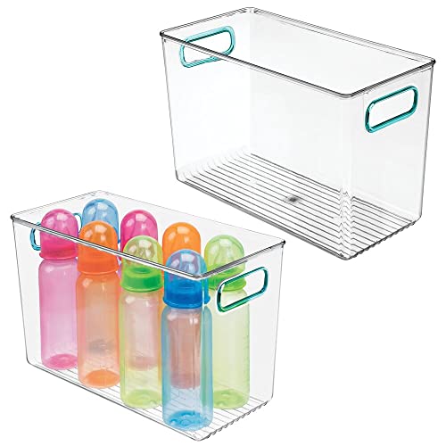 mDesign Cajas infantiles de plástico para el armario o la estantería – Caja de almacenaje alta con asas y sin tapa – Organizador de juguetes, pañales, peluches y más – Juego de 2 – transparente y azul