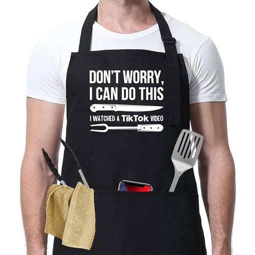 SAIONJI Don't Worry I Can Do This I Watched a TikTok Video Funny Apron – Adjustable, Gabardine Kitchen Apron with Pockets for Cooking, Grilling – Ideal Gift for Food Lovers