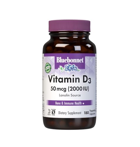 Bluebonnet Nutrition Vitamin D3 2000 IU Vegetable Capsule, Aid in Muscle and Skeletal Growth, Cholecalciferol from Lanolin, D3, Non GMO, Gluten Free, Soy Free, Milk Free, Kosher, 180 Vegetable Capsule