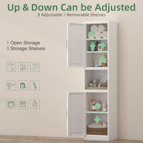 Image of Bathroom Storage Cabinet, White Cabinet with Shelves and Doors, Narrow Storage for Laundry, Tall Cupboard for Kitchen