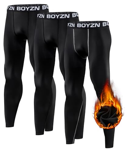 Boyzn Paquete de 1 o 2 pantalones de compresión para hombre, mallas de entrenamiento atlético de secado fresco con bolsillo/sin bolsillo, Paquete de 3, negro/negro/negro (gris), S