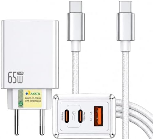 Carregador Turbo 65W com 3 Entradas (2 USB-C e 1 USB-A) + Cabo US...