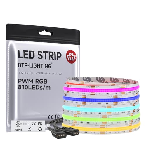 BTF-LIGHTING FCOB COB RGB LED Strip Light, UL Listed, 810LEDs/m High Density Flexible Color Changing Light, DC12V 16.4FT 10mm Width for Bedroom Cabinet Home Indoor Decor(No Adapter or Controller)