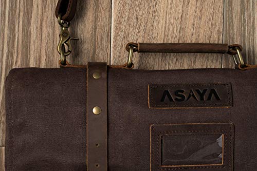 Asaya Waxed Canvas Knife Roll - 15 Knife Slots, Card Holder And Large Zippered Pocket - Genuine Leather, Cloth And Brass Buckles - For Chefs And Culinary Students - Knives Not Included #TOP2