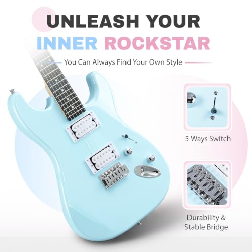 Image of Ktaxon 39 Inch Solid Body Electric Guitar with H-H Pickup, Sky Blue | 6 Strings Guitarra Electrica with Gig Bag, Strap, Whammy Bar, Maple Neck for Beginners & Musicians, Rock Metal, Right Hand