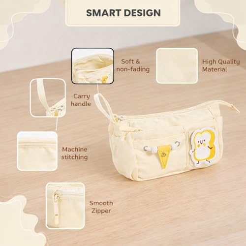 Image of Canvas School Bag Pencil Case, 3 Layer 6 Compartment Large Capacity, Aesthetic Pencil Pouch for Stationary, Cute Stationery for Kids, Pencil Case for Girls & Boys (Cream)