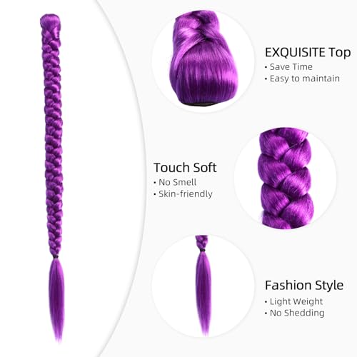 Long Purple Braid Cosplay Hair Extensions Synthetic Fiber Box Braiding Hair 26 INCH Easy Clip in Ponytail for Cosplay Halloween Costume (purple, 26Inch) - Image 5