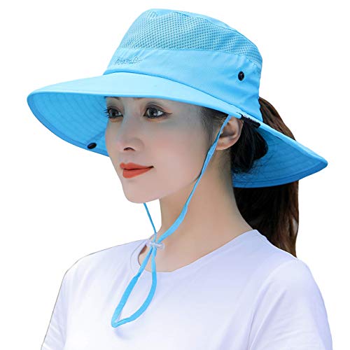 Women's Summer Sun Hat Wide Brim Uv Upf50 Protection Hats Foldable Packable Ponytail Bucket Cap For Safari Beach Fishing Gardening Blue #TOP5