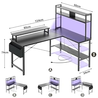 iSunirm Bureau Gaming en Forme de L,125x90x75cm Bureaux à Domicile avec LED et Prises,Table en L avec Sac de Rangement et Crochet pour Le Travail à Domicile et Gaming, Noir