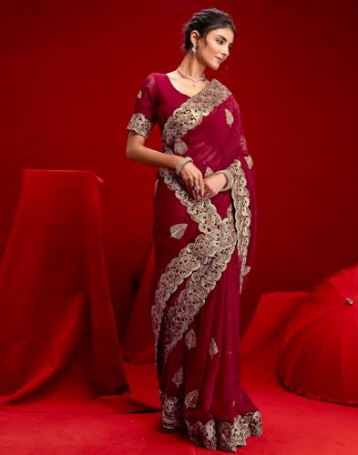 Image of SIRIL Women's Shimmer Chiffon Sequence Embroidery Saree With Unstitched Blouse Piece for Wedding and Parties