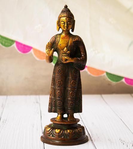 Gangesindia Statue de Bouddha debout en laiton, pose traditionnelle Abhaya Mudra, finition antique décorative