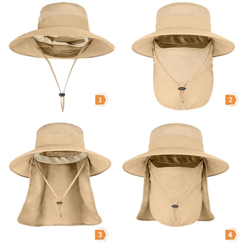 Image of Sun Hats for Men Women Fishing Hat UPF 50+ Breathable Wide Brim Bucket Hats Summer UV Protection Safari Hat with Neck Flap