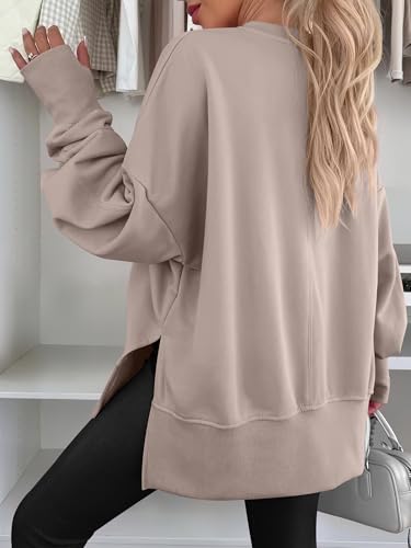 ANRABESS Women Oversized Sweatshirts Thumbhole Long Sleeve Hoodies Shirts 2025 Fall Side Slit Pullover Top Teen Y2k Outfits Light Khaki X-Large