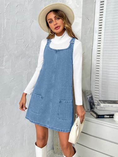 BZB Women's Sleeveless Casual Denim Dress Crewneck Vintage Loose Jean Overall Dress with Pockets4