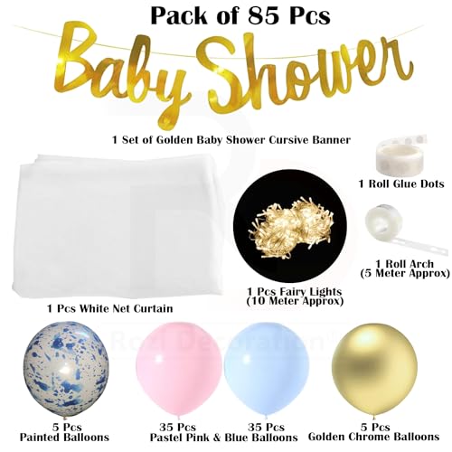 Image of Rozi Decoration Baby Shower Net Curtain with Fairy Lights Backdrop for Baby Shower Decoration Items Set of 85 Pcs Baby Shower Pastel Balloons Decoration Kit