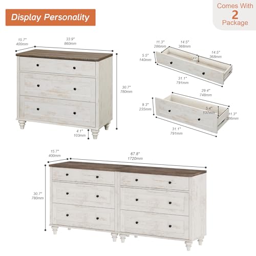 Image of WAMPAT Kids Dresser for Bedroom with 6 Drawers, Baby Dressers with Wide Chest of Drawers, Farmhouse Wooden Closet Storage Organizer, Large Wood Dressers for Living Room, Nursery, Hallway, Rustic White