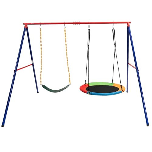 GOPLUS Juego de Columpio Infantil Exterior 2 en 1, Balancín Jardin para Niños 3+ con 2 Columpios Asientos y Marco de Acero, Carga de 300 kg, Altura Ajustable, Columpio en Forma A 249 x 185 x 181,5 cm