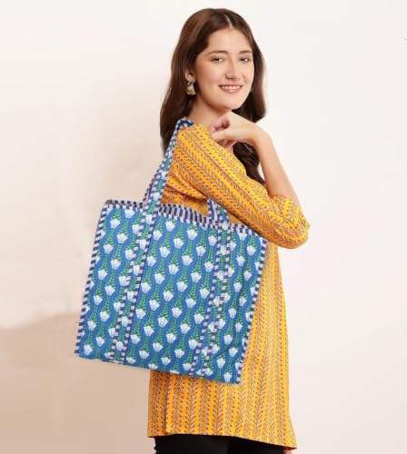 Image of LKGSM RUGS Cotton Tiger Block Print Tote Bag, Indian Handmade Shopping Shoulder Bag, Unisex Market Daily Use