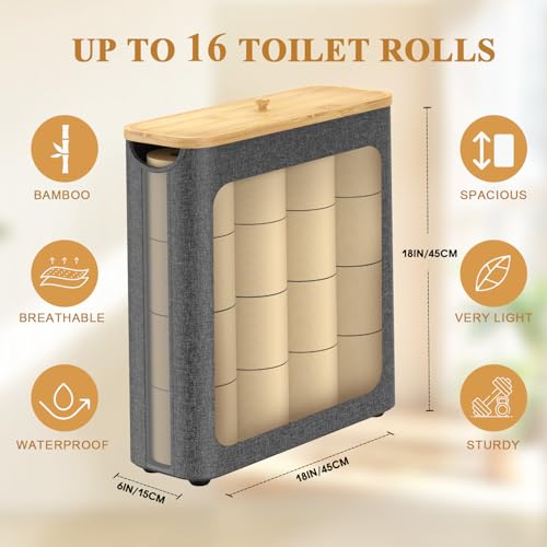 30L Toilet Paper Storage Basket with Lid, Hold Up to 16 Rolls, Slim Bamboo Toilet Paper Basket Holder Bin Container, Bathroom Accessories Organizer, Grey - Image 3