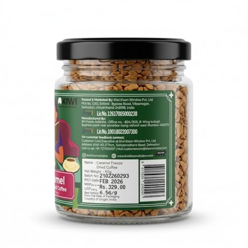 Image of KIWI Kisan Window Caramel Freeze-Dried Instant Coffee, 50g | 100% Arabica | Sourced from Coorg, Karnataka | Smooth Caramel Aroma & Flavour | Easy to Brew Cafe-Style Coffee