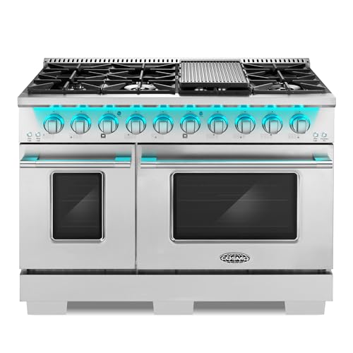 48 in. Lumin Collection 5.5 cu. ft. Double Oven Dual Fuel Range with 8 Burners, Cast Iron Grates in Stainless Steel