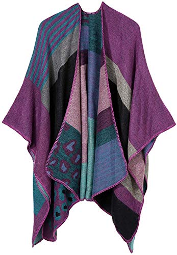 VamJump Women Color Block Wrap Shawl Oversized Blanket Poncho One Size Purple