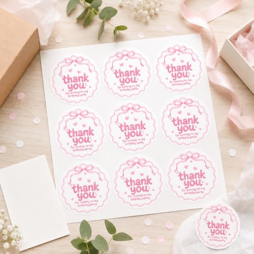 120 PCS Thank You for Coming to My Birthday Party Stickers, Pink Bow Party Favor Labels, Self Adhesive Gift Seals for Treat Bags, Envelopes, Cards, Goodie Bags, Birthday Supplies - Image 7