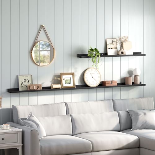 Image of HOOBRO Floating Shelves, Wall Shelf Set of 3, 47.2 Inches Hanging Shelf with Raised Edge and Invisible Brackets, for Bathroom, Bedroom, Kitchen, Office, Living Room Decor, Black BK92BJ01