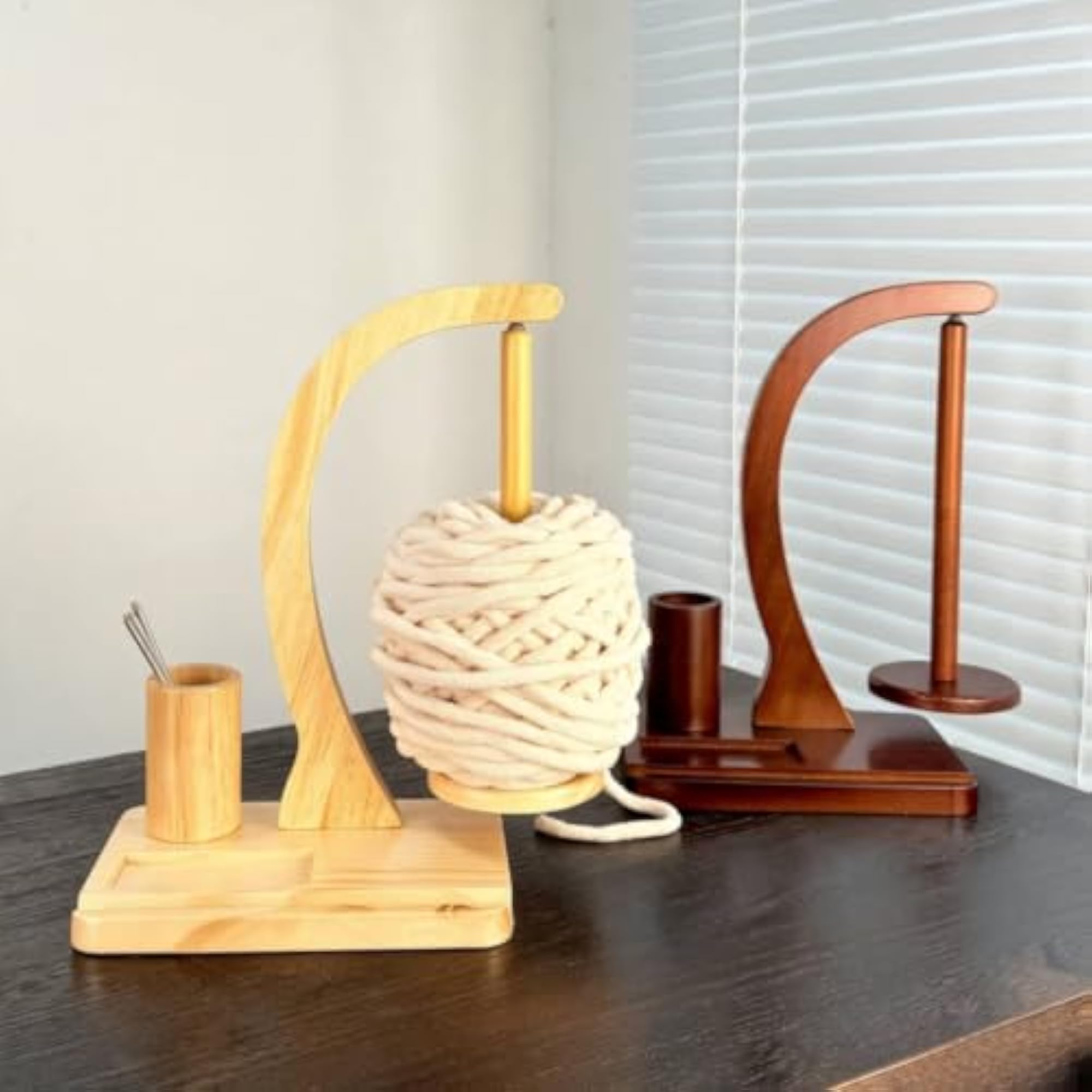 Tangle-Resistant Wooden Yarn Holder with Spindle, Hand-Finished