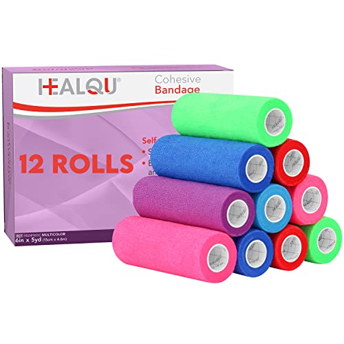 Image of HEALQU Self Adhesive Bandage Wrap - Cohesive Tape for Athletic and Sports 6 inchx5yd, 12 Rolls - Self Adherent Medical Tape, Flexible, Elastic Bandages Multicolor for Wrist & Ankle Vet Wrap for Dogs.