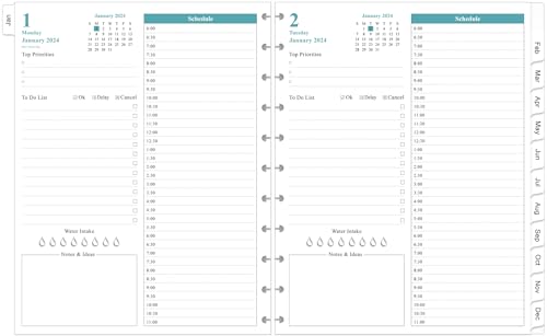 2024 Planner Refills, 11-Disc Discbound One Page Per Day Daily ＆ Monthly Planner, January 2024 -December 2024, Prioritized, To-Do List, Notes, Appointment Schedule, Letter Size, 8.5" x 11", Ocean