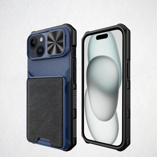 Étui portefeuille iPhone 15 Plus bleu avec protège-caméra et porte-carte